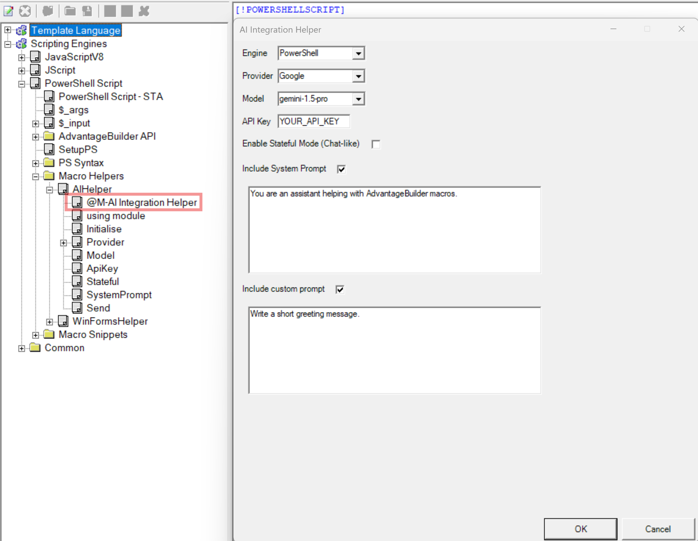AI Integration Helper macro UI